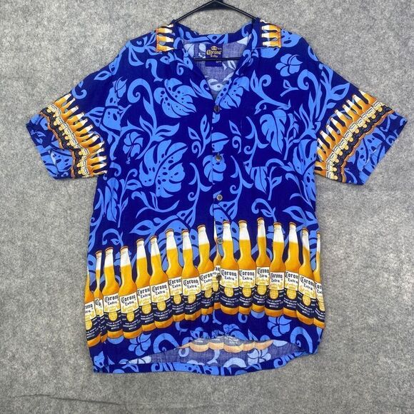 Corona Extra Hawaiian Shirt XL Camp Blue Gold Todo Con Medida Party Uniform - Picture 1 of 9